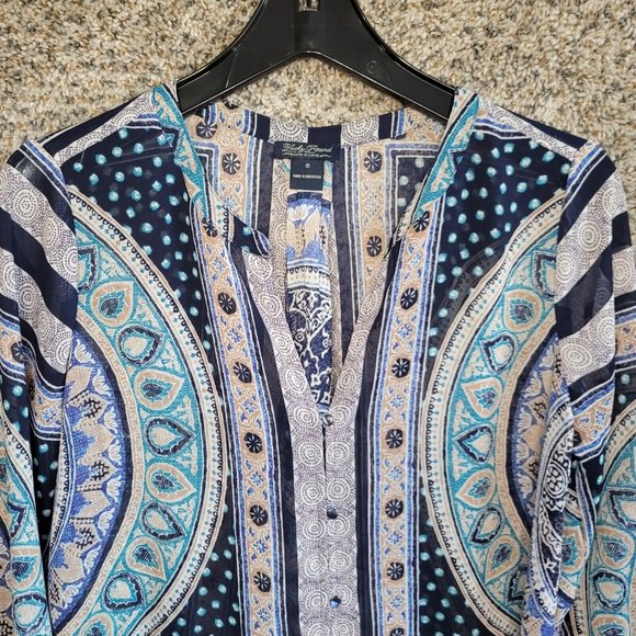 Lucky Brand Top Womens Small Oversized Blue Sheer Printed Hi Low‎ Blouse - Picture 4 of 7
